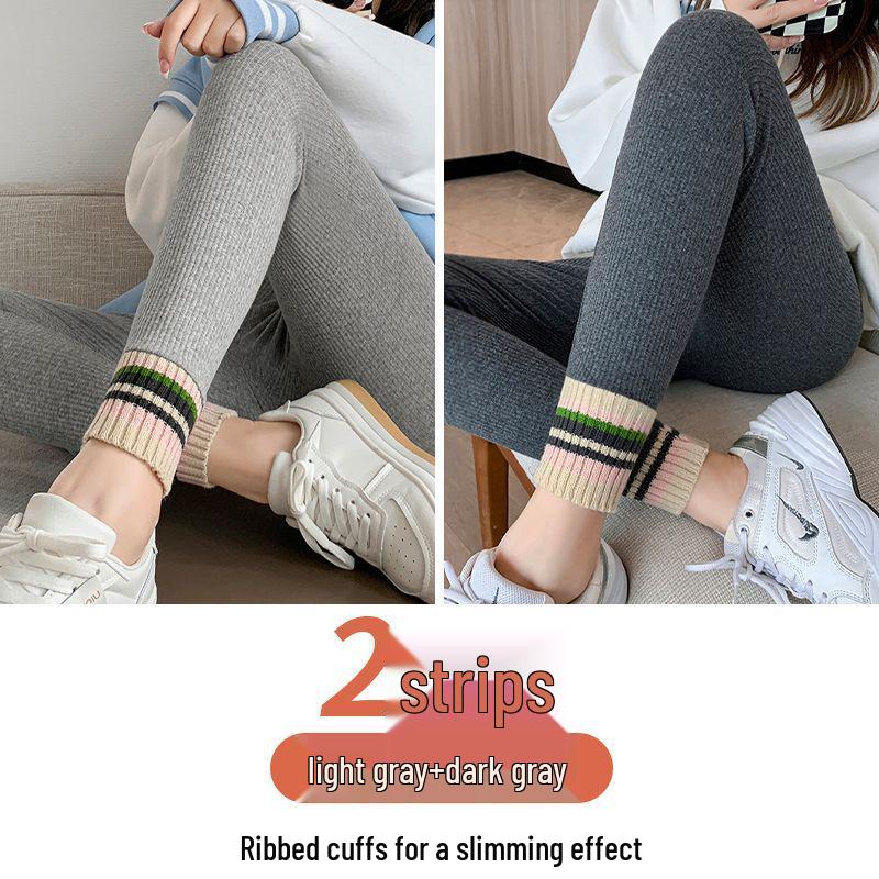 Women's Fleece-Lined High-Waist Leggings: New Autumn/Winter Style with Ribbed Ankle Cuffs, Slim Leg, and Warm Thread for Outdoor Wear.