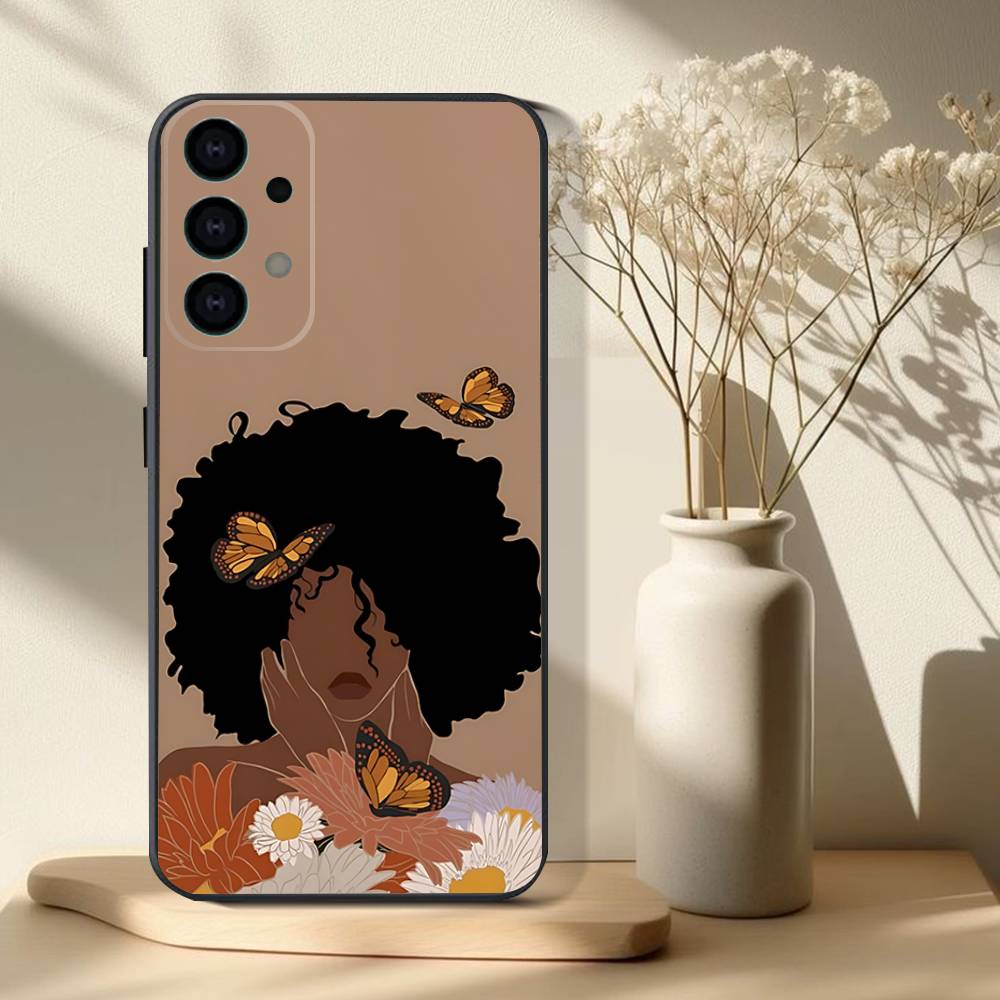 Black Girl A-Afro Phone Case For Samsung S 25,24,23,22,30,21,10,9,Ultra,Plus,Lite,FE,4,5G Black Soft Case