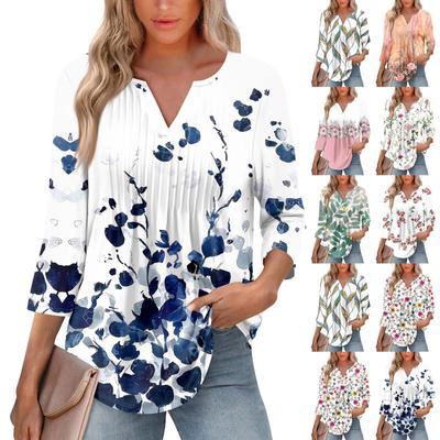 Women's Fashionable Casual Pleated V Neck Color Seven Quarter Sleeve T-shirt Top