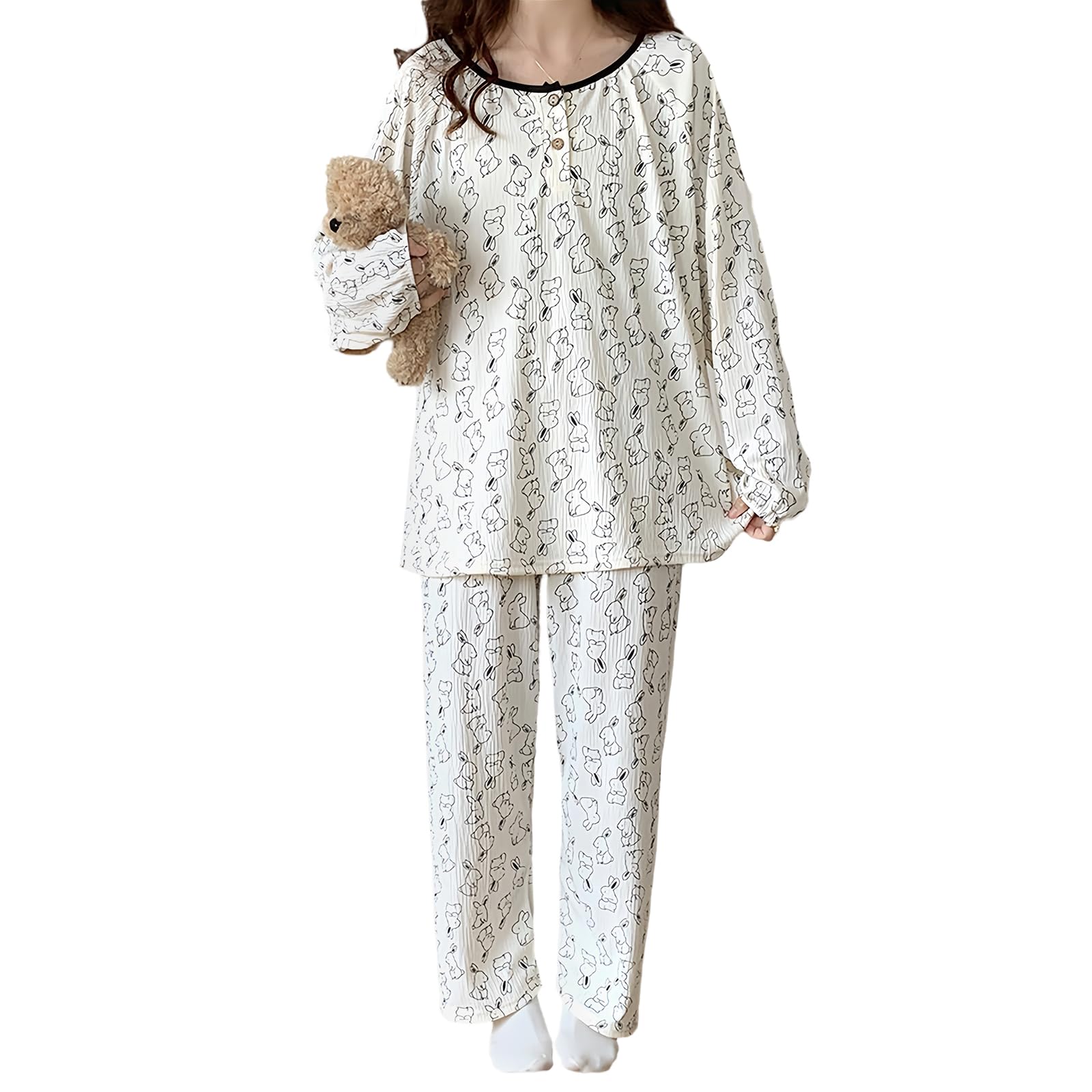 

DayaEmmoTQ Elephant and Rabbit Print Korean Long Long Adult Round Smooth Pajama Cold Weather Loungewear for and Spring Pajamas, Women s, Lightweight,