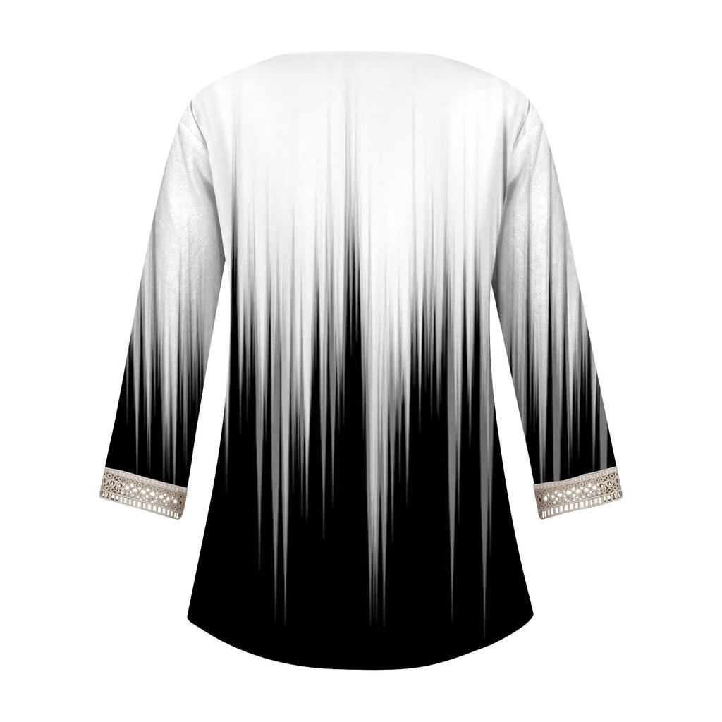 Women's Shirt Blouse Casual Loose Shirts 3/4 Sleeve Lace Trims Print V Neck Tops Print Tops T-shirts Tee
