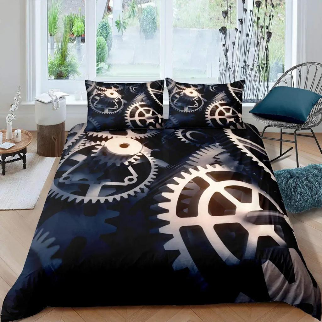 Gear Printing Duvet Cover Three-Piece Retro Mechanical Device Bedding Quilt Cover