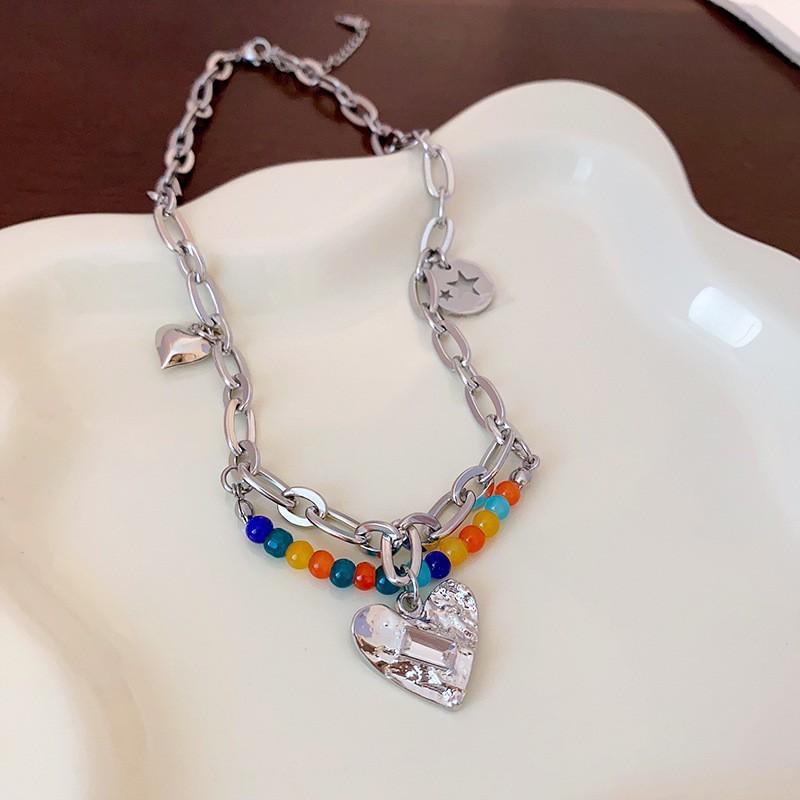 Summer dopamine stained glass crystal beaded necklace collarbone chain design sense niche item decoration