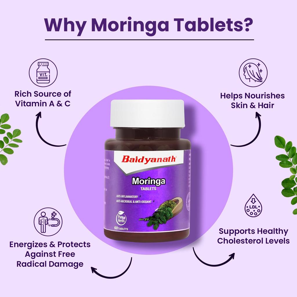 Baidyanath Moringa Tablets 60 Tabs 250mg | Drumstick Leaf Supplement for Gut Health and Wellness