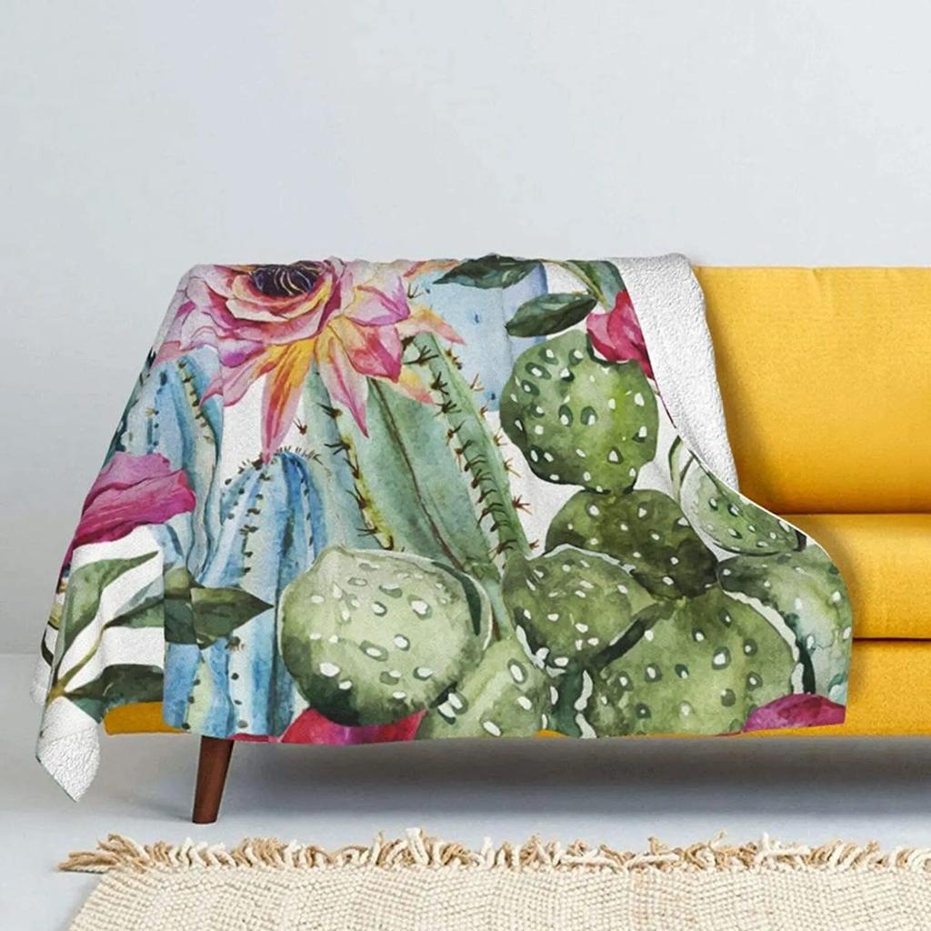 Cactus Flower Summer Flannel Throw Blanket, Colorful Lightweight Flannel Cozy Warm Suit for Couch Gift for Cactus Plant Lover