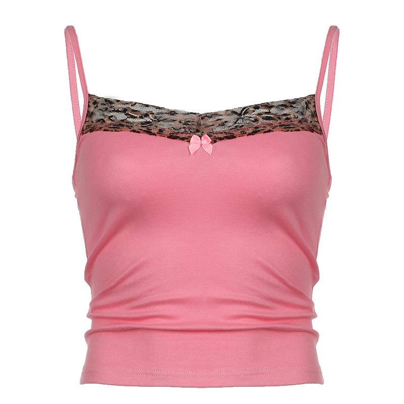 Vintage Leopard Print Stitched Crop Top Women Casual Sleeveless Cute Bow Patchwork Strap Tees Y2k Summer Crop Tops Ladies