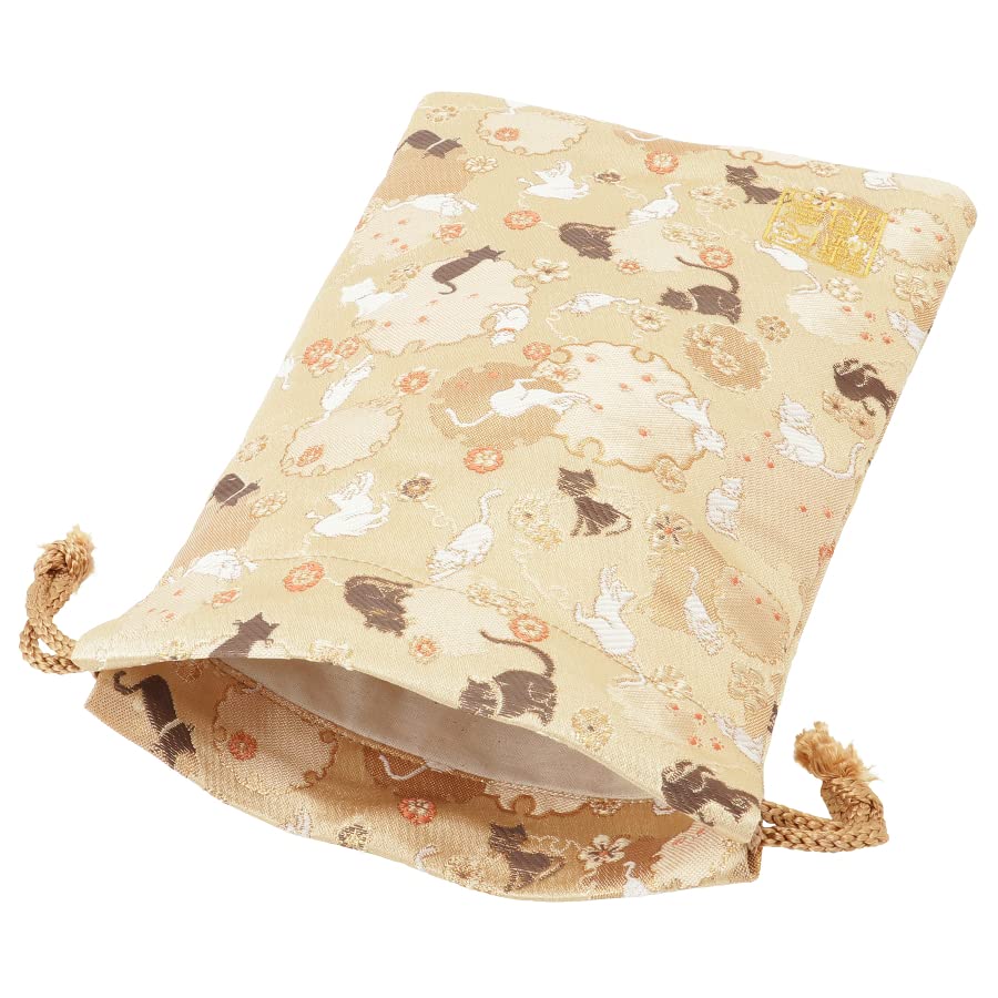 Senshishuin Nishijin Brocade Drawstring Bag Snowflake Cat Medium Size (Lined) Honey-Colored Design,