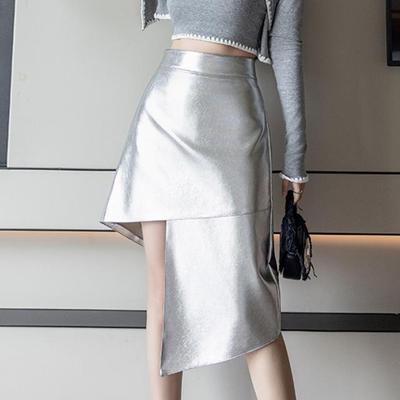 Unregelmäßig geteilter PU-Rock für Damen mit hoher Taille, sexy, schmale Passform, Hüftrock