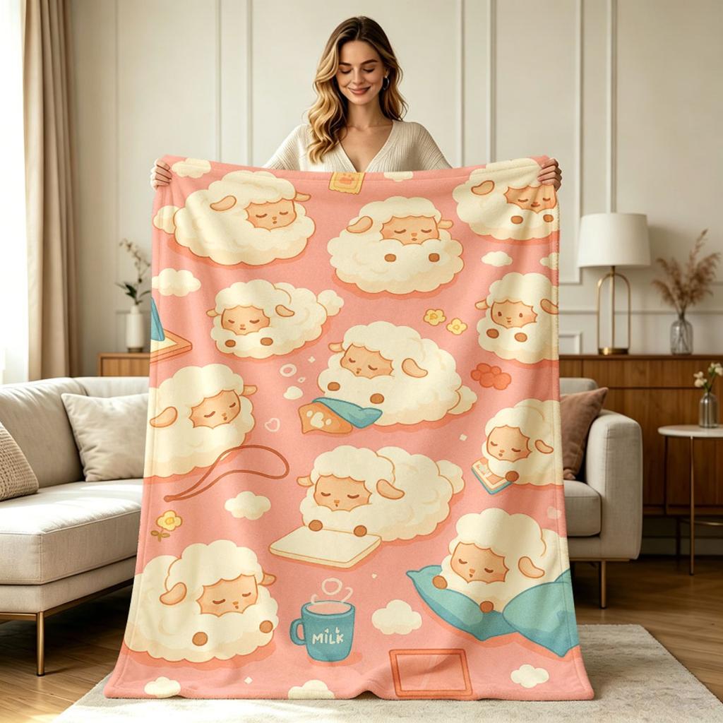 Soft Cozy Flannel Blanket with Cute Sleeping Sheep Pattern All Season Warm Throw Blanket for Sofa Couch Bed Office Home Decor