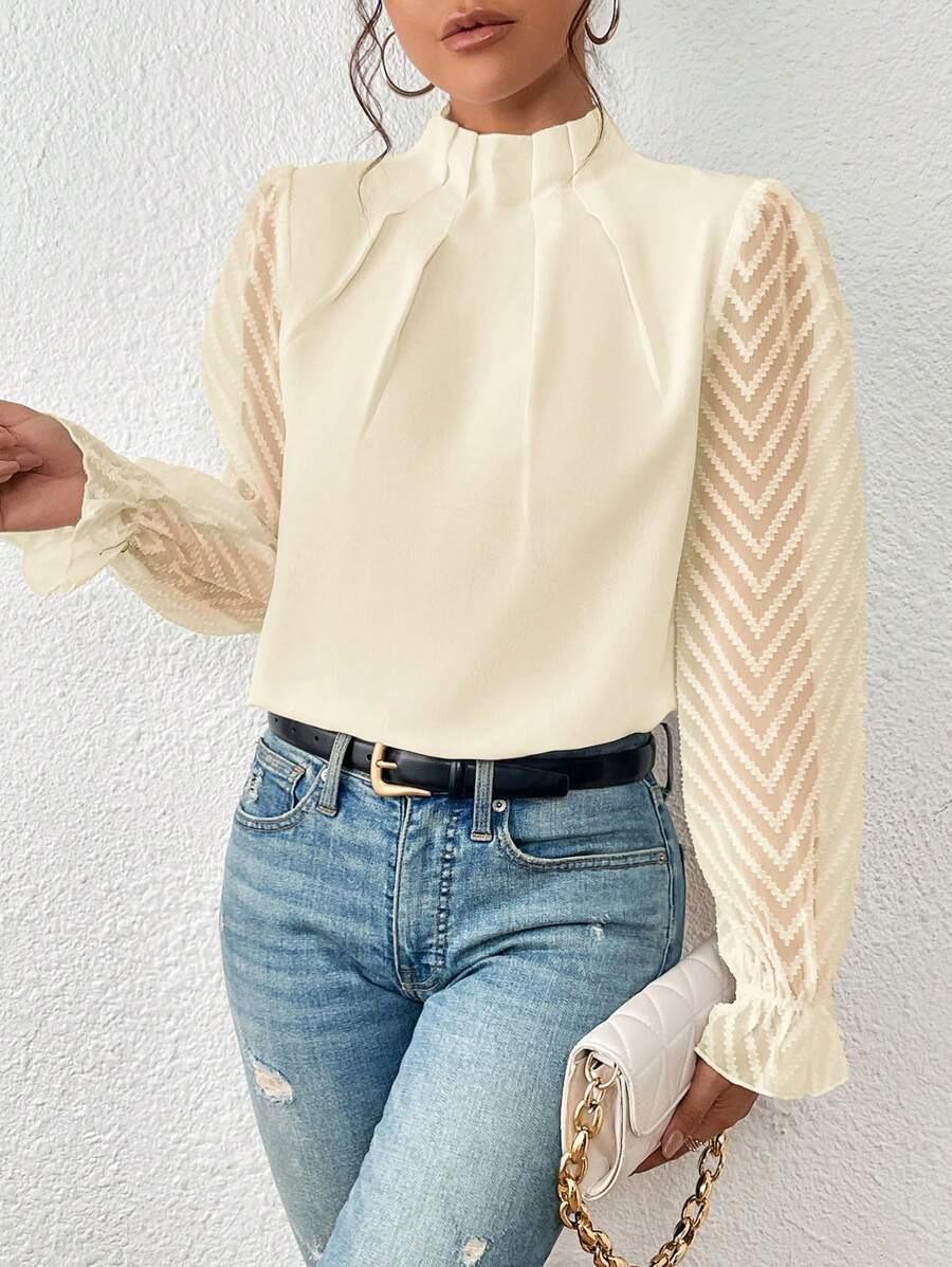 Women Semi High Neck Spliced Wavy Pattern Chiffon Long Sleeve Blouse S бежевый