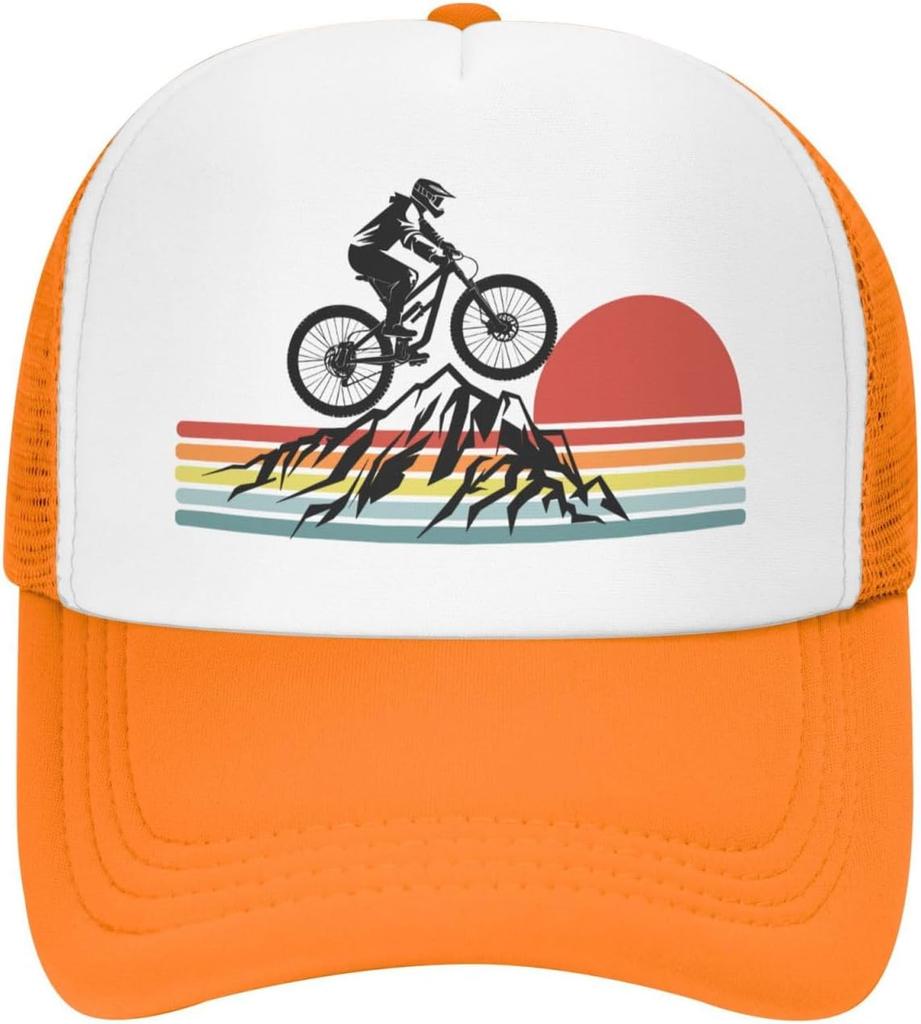 Mountain Biking Sunset Graphic Trucker Hat Polyester Mesh Adjustable Outdoor Cycling Baseball Cap