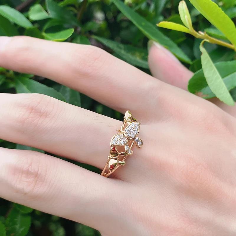 Fashion Gold Color Zircon Butterfly Rings for Women Elegant Wedding Ring Party Jewelry Gifts Gentle Versatile Temperament