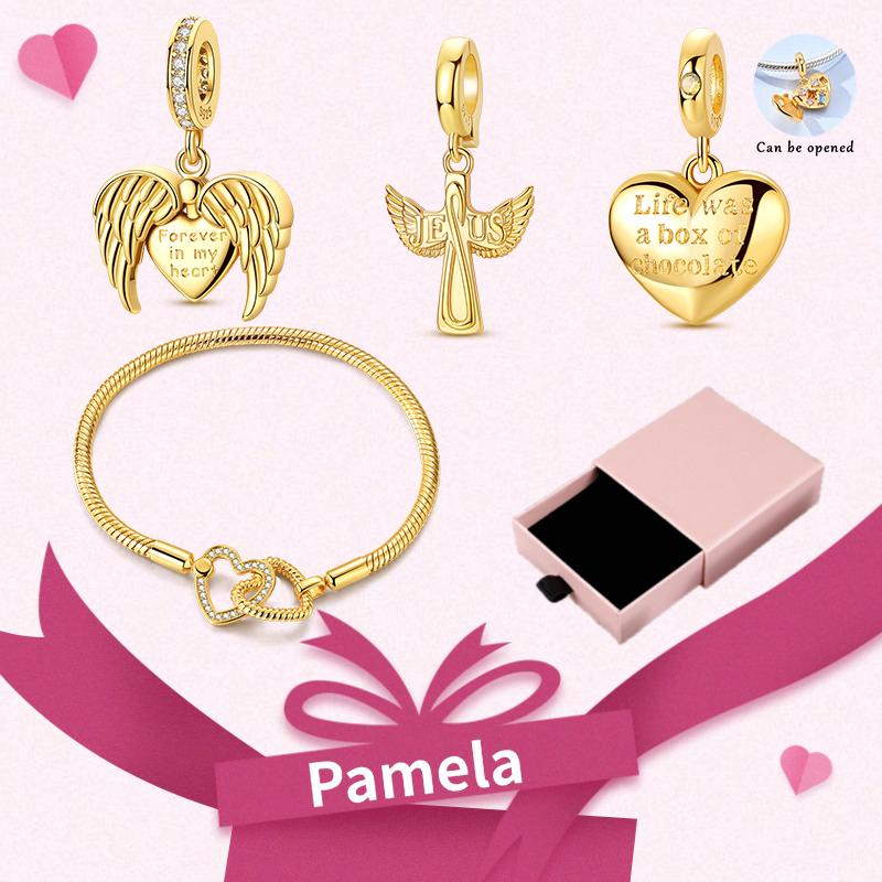 Pink Heart Charm Set 925 Original Silver Charms Bracelet With Gift Box For Women Wedding Anniversary Jewelry Gift 4pcs/lot