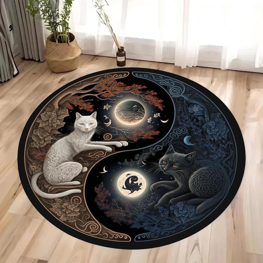 Black and White Cat Round Rug Anti-Slip Washable Carpet for Living Room Bedroom Kitchen Decor and Gift Tool Room Area Floor Mat