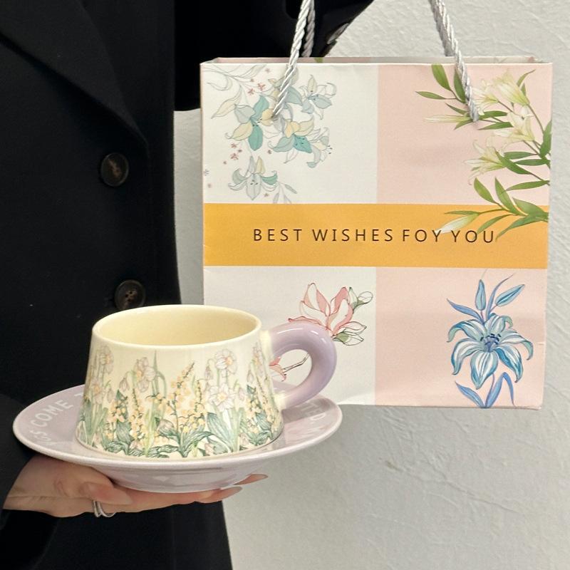 Green Lily of the Valley Mug Ceramic Coffee Cup Saucer Set Gift Box Girls Birthday Gift Mid-Autumn Festival Souvenir