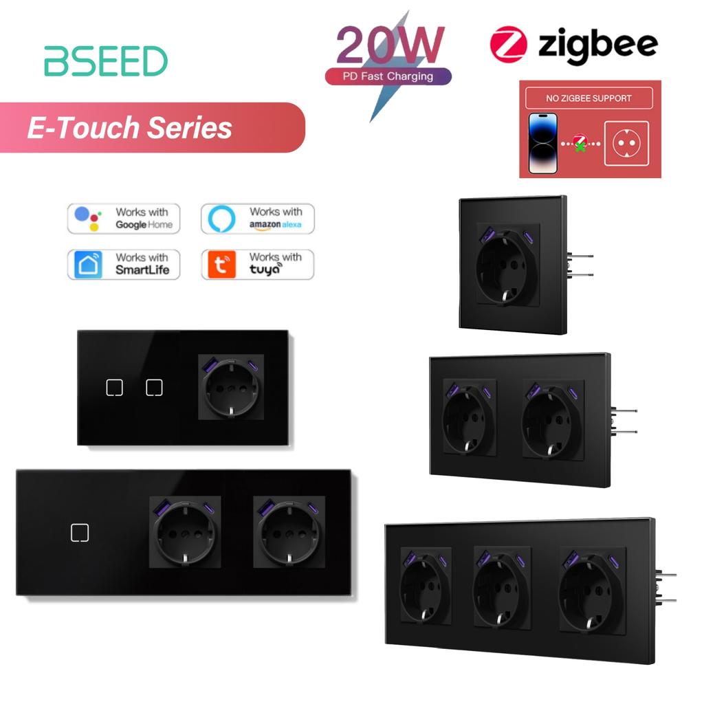 BSEED 1/2/3/4Gang Zigbee Touch Switch Glass with USB-C EU Sockets 20W Smart Wall Light Switch Touch Screen Backlight E Series