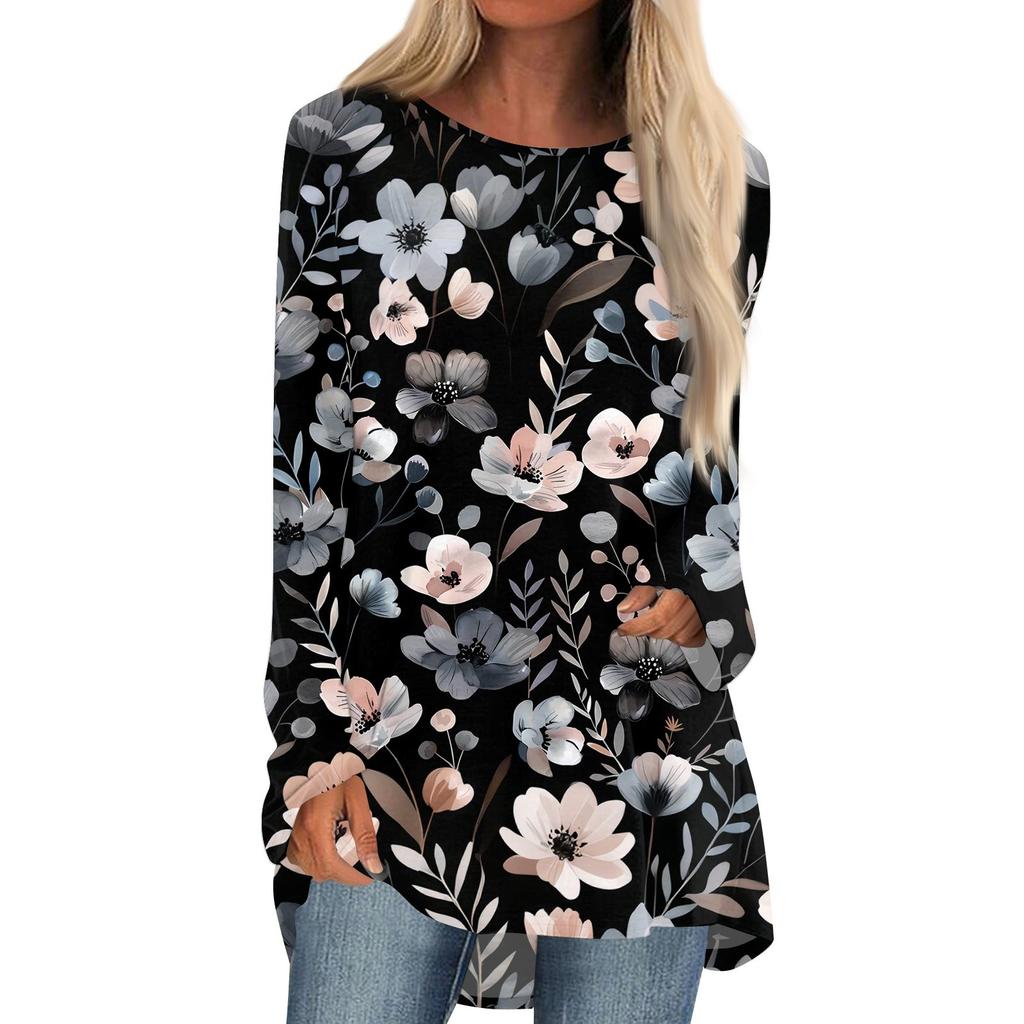 Women's Fashion Casual Long Sleeve Print Round Neck Pullover Top Blouse
