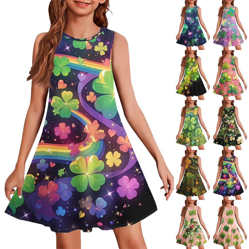 Girl Summer Dress Sleeveless Printed Color Casual Dress St. Patrick's Day