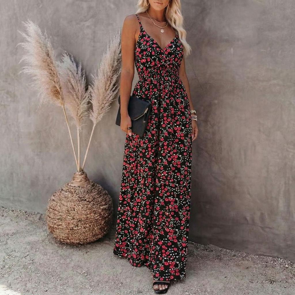 Women’s Floral Print Maxi Dress Sleeveless V Neck Adjustable Spaghetti Strap Long Summer Dress Casual Loose Fit Beachwear