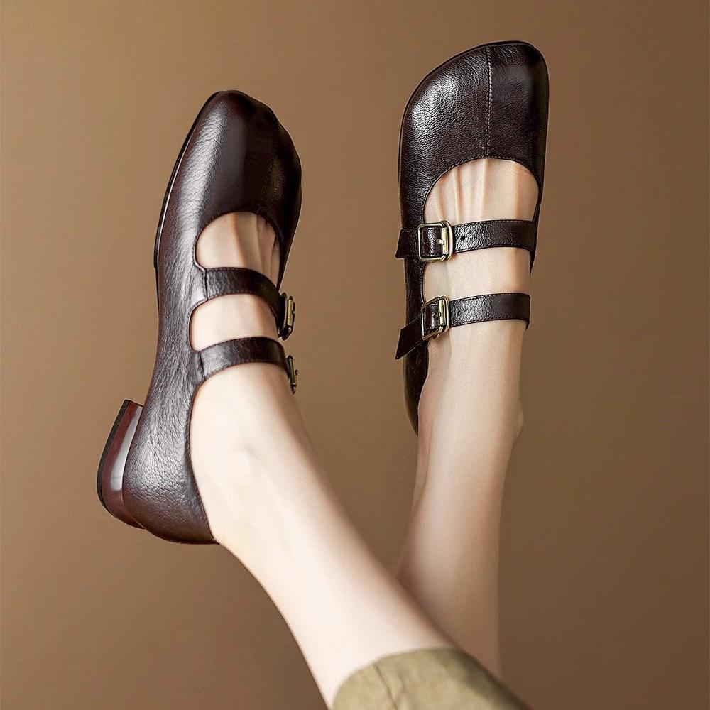 Mary Jane shoes women's French retro round head 2025 thick heel single shoes women's shoes buckle autumn soft leather British style new niche
