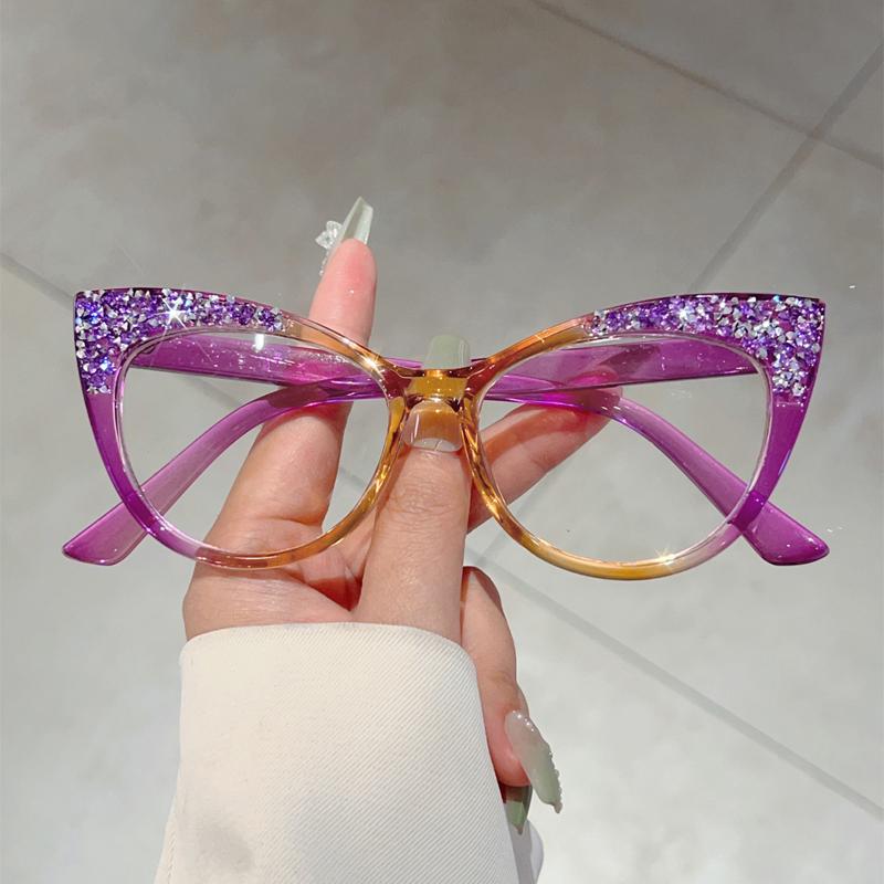 KAMMPT Fashion Cat Eye Multi Color Frame Women's Trendy Crystal Shiny Glasses Non-prescription Original Brand Design Eyewear