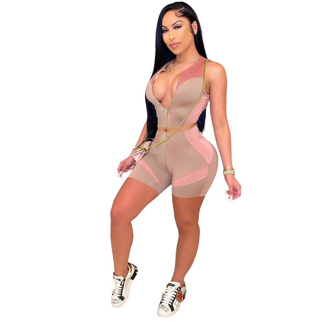 Two Piece Sets for Women Skinny Fashion Printing Women Tracksuit Zip Sleeveless Crop Top and Biker Shorts Two Piece Matching Set