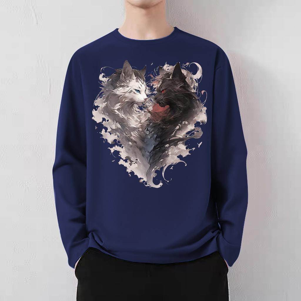Japanese high street smoke cat print men and women 2024 spring and autumn loose American lazy chic couple crew neck t-shirt