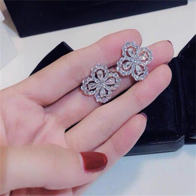 New Arrival Arrive Women Sterling Color Hollow Clover Ear Studs Shining Cubic Zircon Crystal Stone Earrings Girl JewelryWedding Jewelry