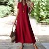 Women's Fashion V-Neck Short Sleeve Solid Color Zipper Casual Vacation Long Dress Cotton Linen Dresses