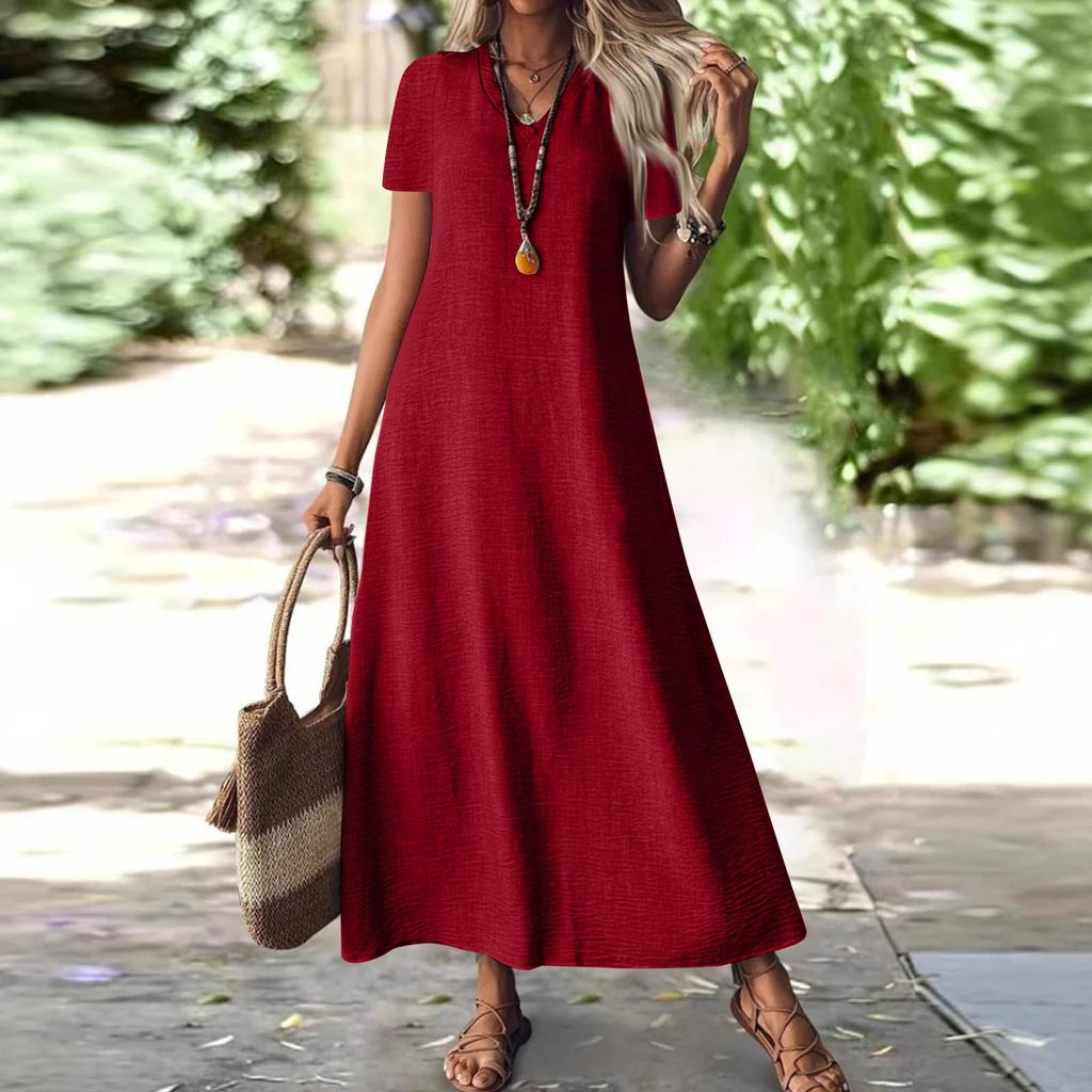 Women's Fashion V-Neck Short Sleeve Solid Color Zipper Casual Vacation Long Dress Cotton Linen Dresses
