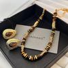 Women's Retro Maillard Coffee Necklace & Versatile Tiger Eye Stone Earrings, High-Grade Clavicle Chain