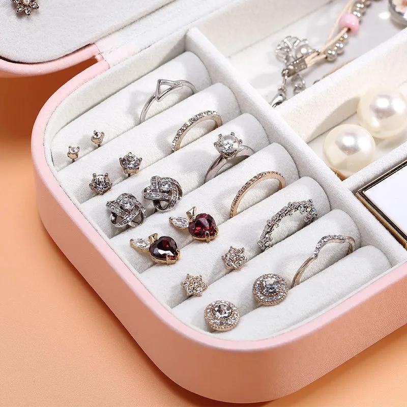 Fashion portable jewelry box jewelry storage rack display travel jewelry box button leather storage zipper jewelry