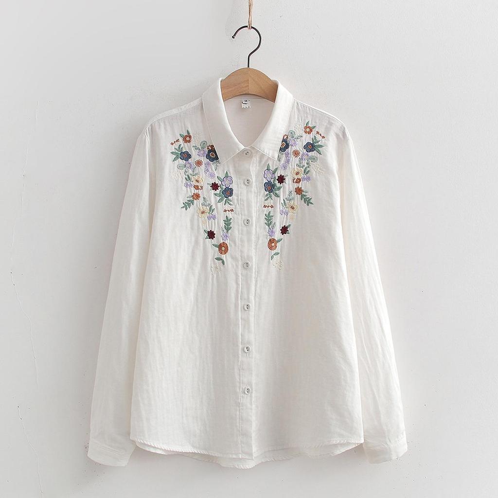 Femmes Col rabattu Hauts amples Fille Manches longues Blouses Broderie Printemps Chemises Fil double coton