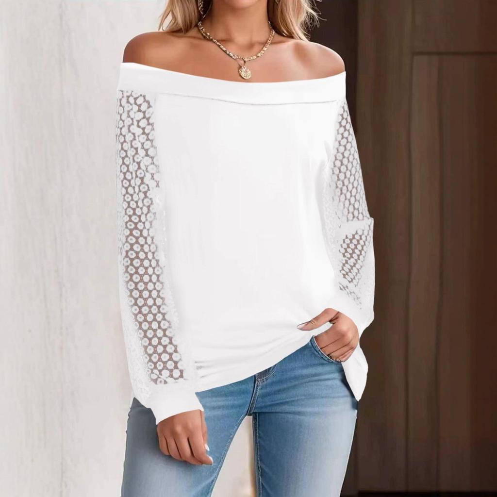 Spring/Summer 2026 Solid Color French Lace Patchwork Lantern Sleeve Crossover Women's T-Shirt