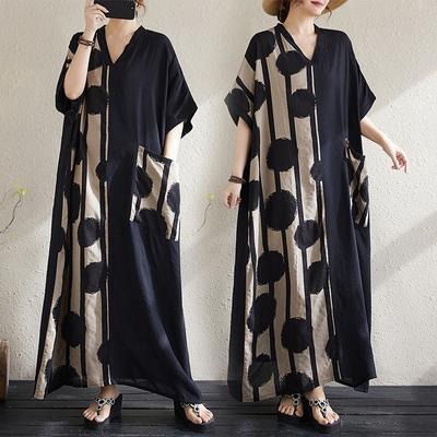 Summer Cotton and Linen V-neck Short Sleeved Long Dress
