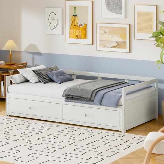 Pull-out Sofa Bed, 78" Convertible Sectional Couch Bed, Modern Wood Couches with Drawers And Slats for Living Room (White)