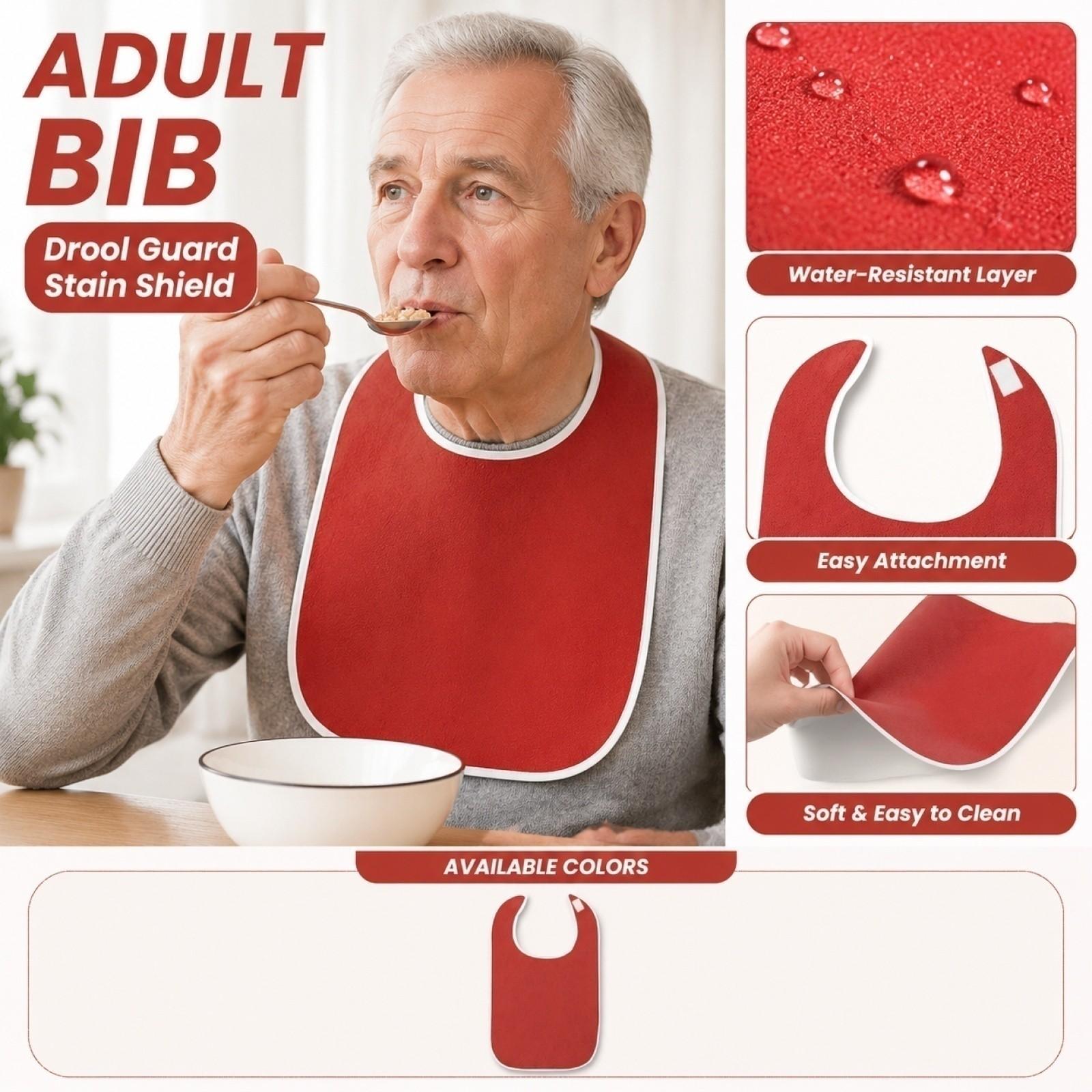 Bavetă impermeabilă pentru adulți, bavetă pentru salivă, protecție moale absorbantă pentru gât pentru protecție la masă, închidere reglabilă, bavetă reutilizabilă din material lavabil pentru vârstnici One Size roșu