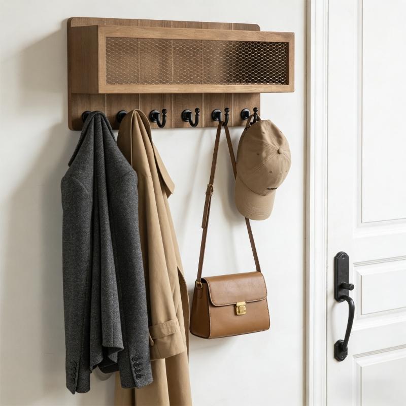 Scaffale Multifunzionale in Legno da Parete Organizzatore per Chiavi 6 Ganci Scomparto per Posta Contenitore per Piccoli Oggetti Decorazione Ingresso