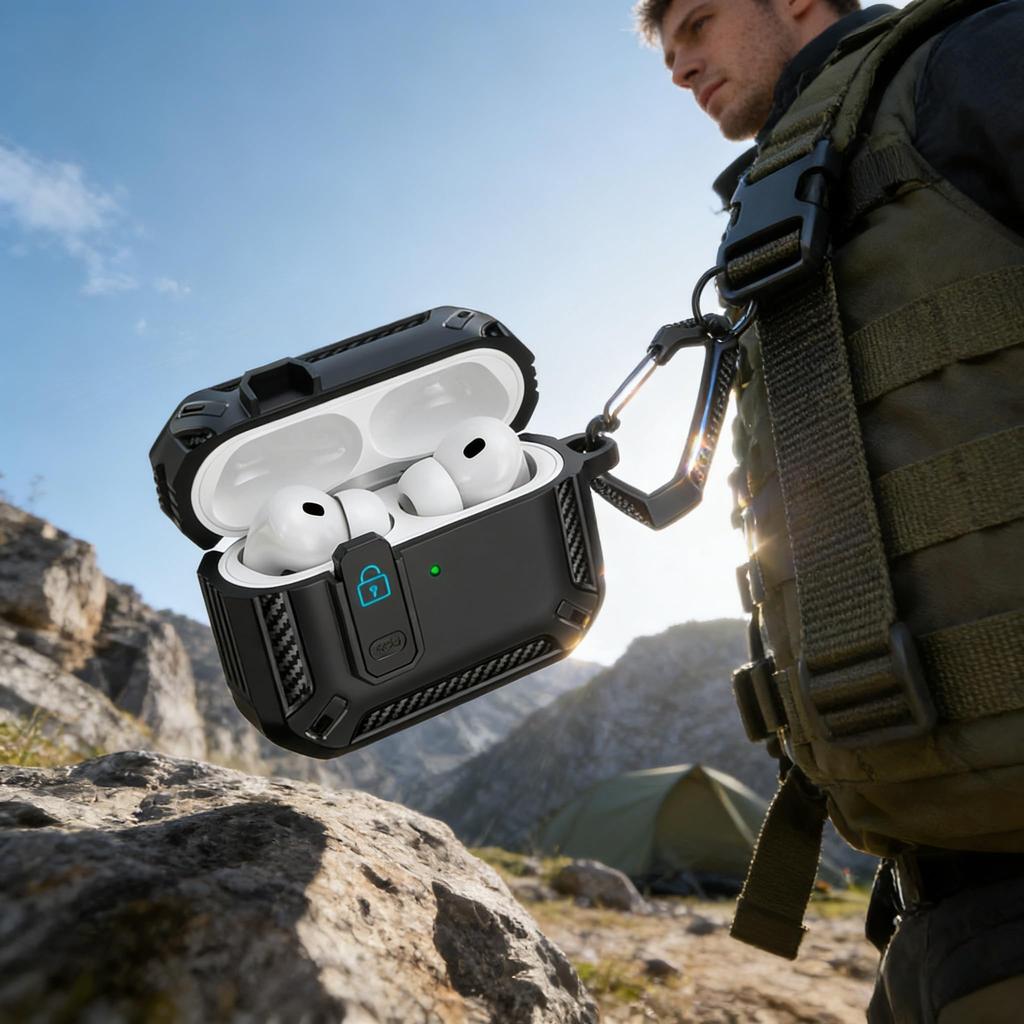 2026 for AirPods Pro 3 Case with Cleaning Kit Carbon Fiber Military Drop Proof Auto Pop up Case with Carabiner For AirPods Pro 3