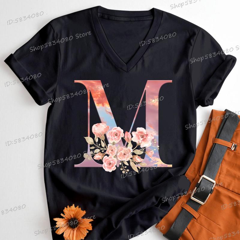 Womens Clothing Pink Flower Alphabet Classic Top Sky Alphabet Cartoon Tshirt FeUnisex Floral Letters A B C D Birthday Gift Shirt