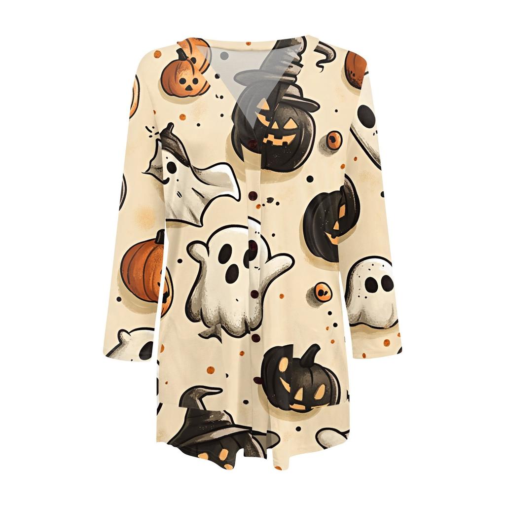 Women's Casual Cardigan Halloween Printed Long Sleeve Top With Pockets