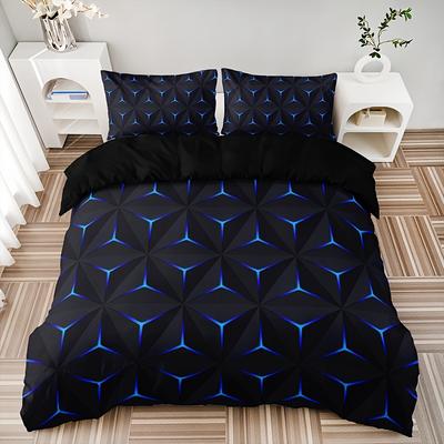 3pcs Fashionable Rhombus Plaid Blue High-definition Digital Print Home Quilt Cover Set
