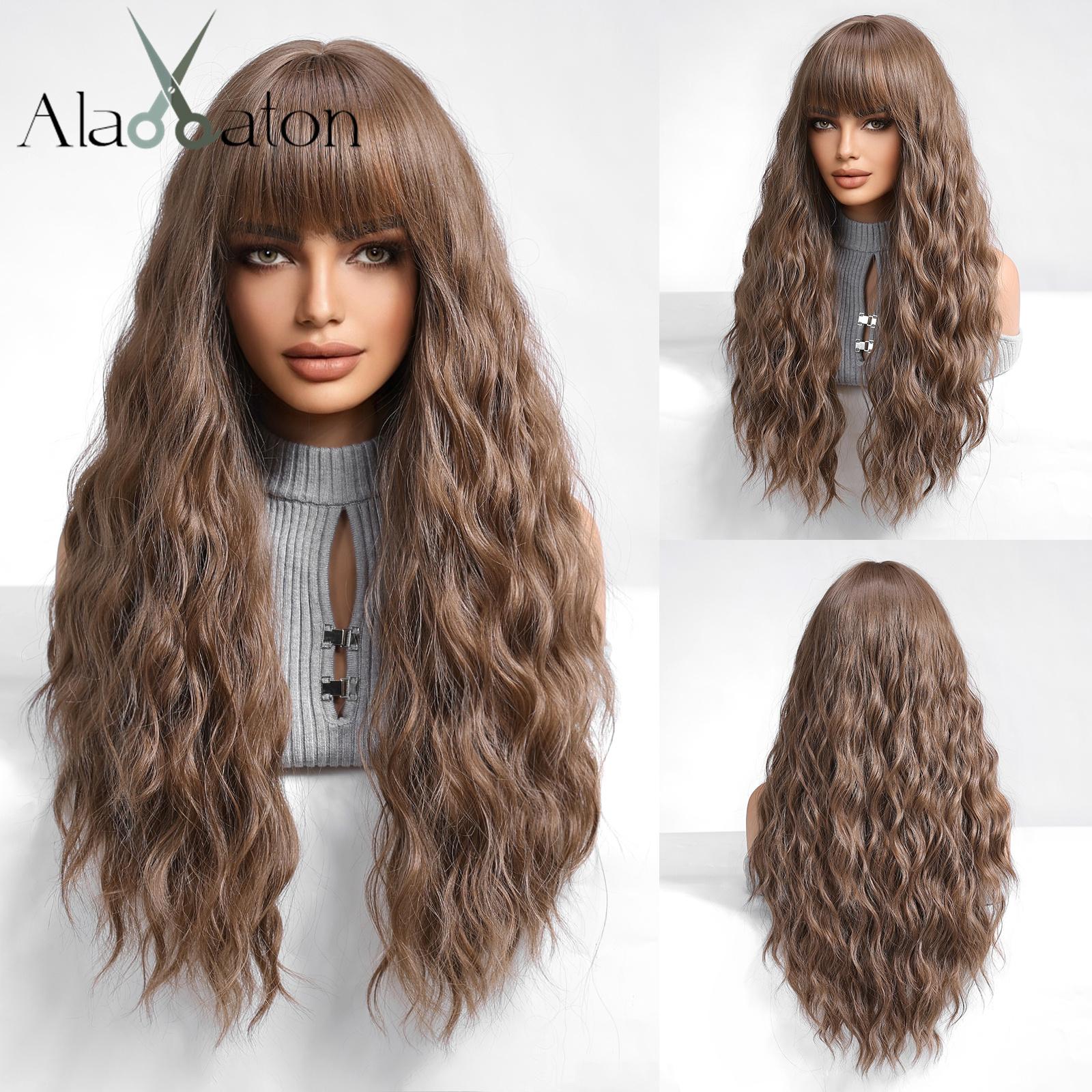 

Длинные волнистые парики ALAN EATON для чернокожих женщин, афроамериканские синтетические волосы, светло-коричневые парики с челкой, термостойкие косплей