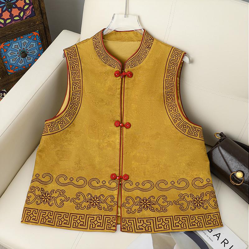 

Elegant Chinese-Style Embroidered Vest with Frog Buttons for Women - 2026 Collection 2XL (105-120 jin) жовтий