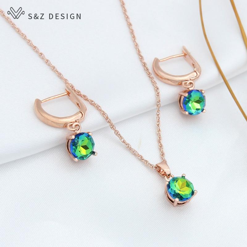 Fashion Rose Gold Color Round Crystal Drop Earrings Pendant Necklace Jewelry Sets For Women Wedding Party Gift