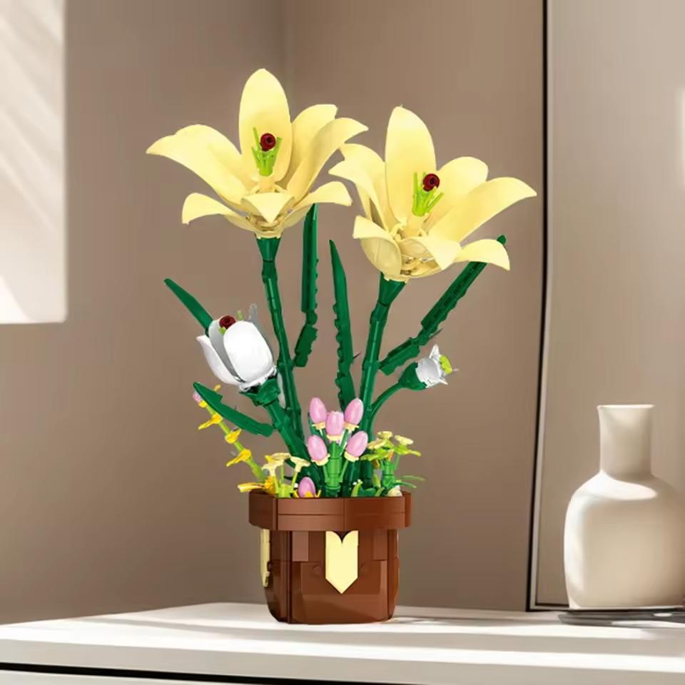 Flower Bouquet Lily Potted Plant Building Blocks Decor Bricks Set Toys For Children Kids Gift