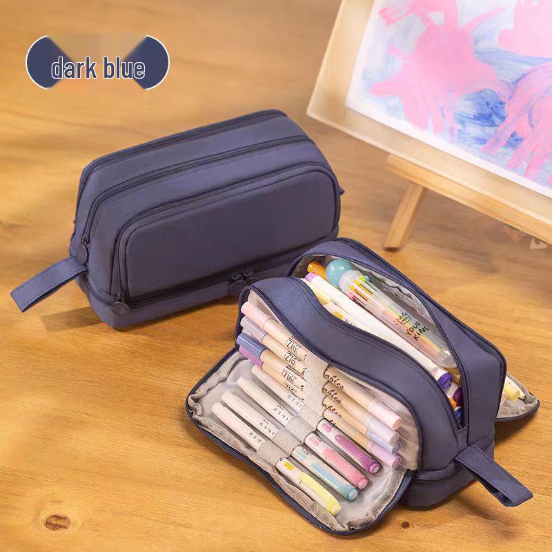 Double-Layer Stain-Resistant Pencil Case: Large-Capacity, Solid-Color Storage Bag for Students