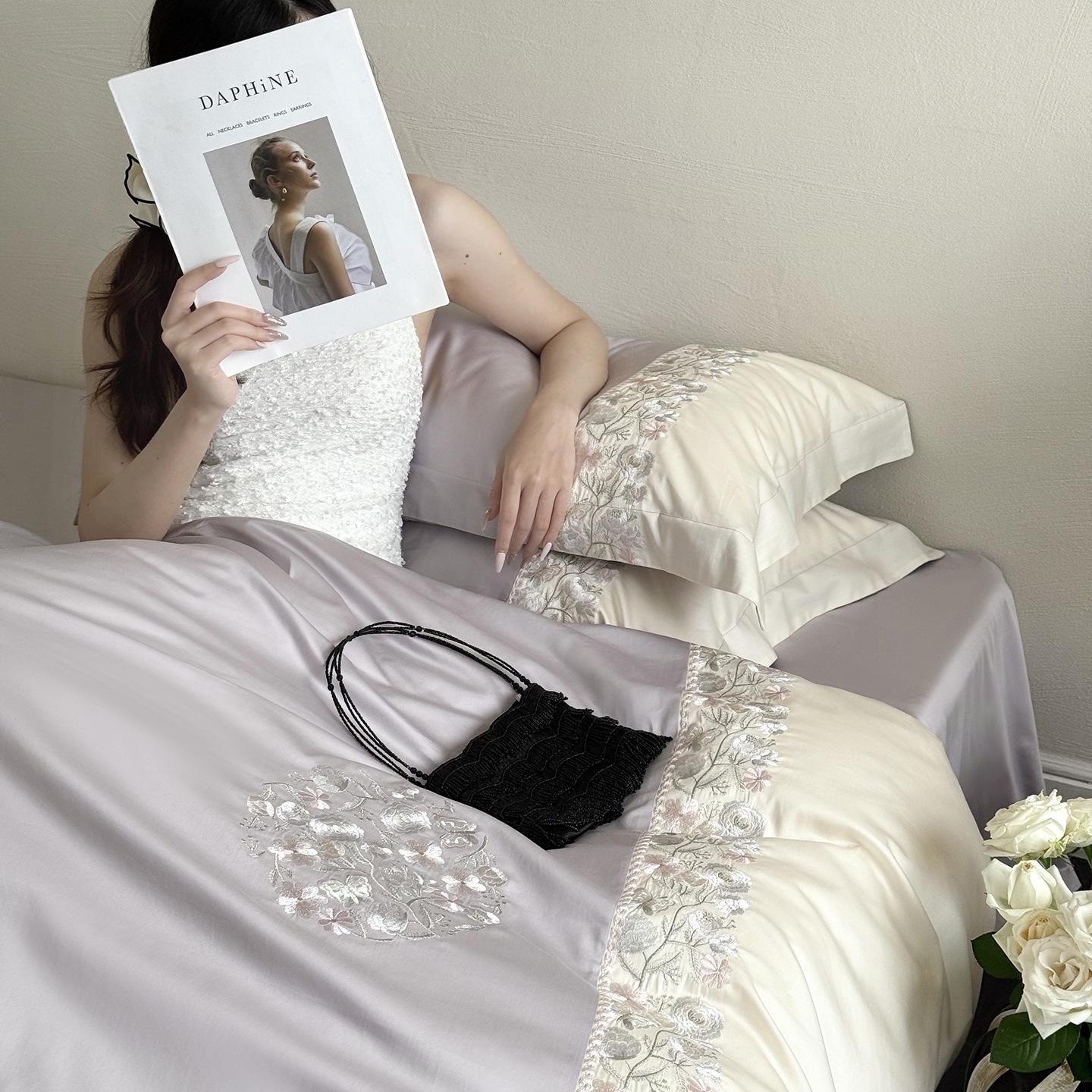 High-End Princess Style: 100s Long-Staple Cotton Embroidered Sateen 4-Piece Set. 1.2m Sheet 3-Piece Set (150x200cm)