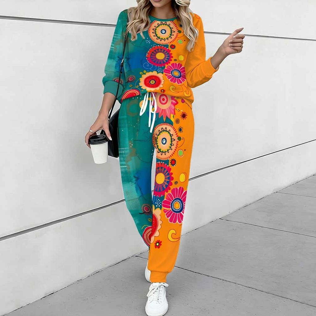 Women Retro Pattern Print Two Piece Outfit, Long Sleeve Crew Neck Top & Drawstring Jogger Pants Casual Tracksuit for Spring Autumn