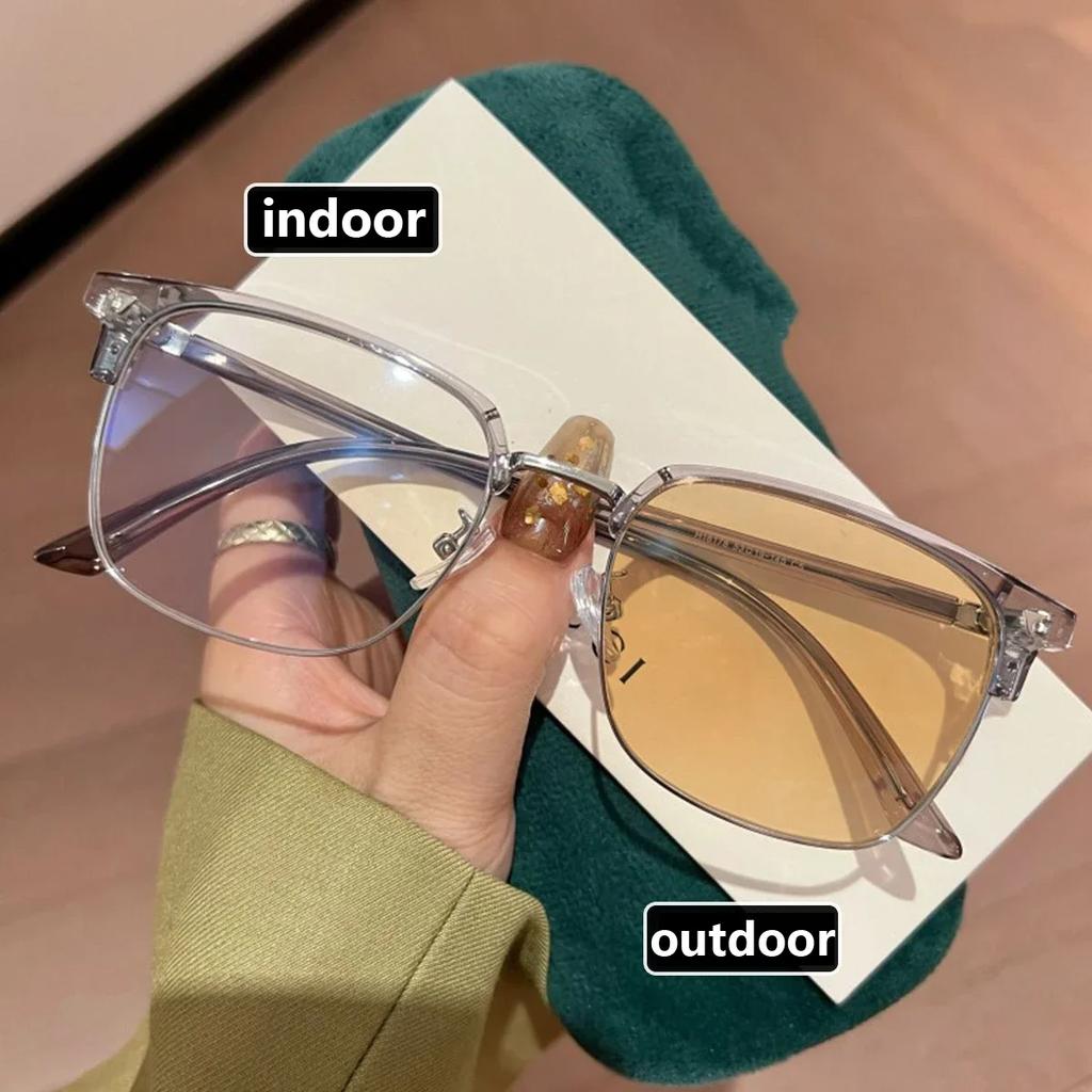 Intelligent Color Changing Minus Eyeglasses with Diopter 0 To -4.0 Vintage Square Half Frame Pochromic Near Sight Glasses